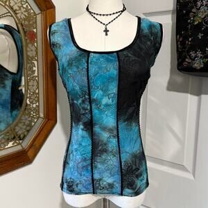 VTG Y2K Sami & Jo Blue & Black Tie Dye Floral Lace Trimmed Form Fitted Tank Top